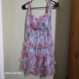 B Darlin Pink and White Floral Ruffle Mini Dress